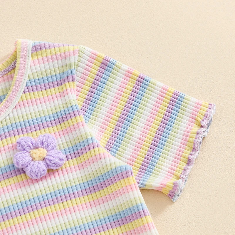 Description Picture 6 of itemKids Girls Shorts Set Striped Short Sleeve Crew Neck Flower T-shirt with Shorts Summer Outfit