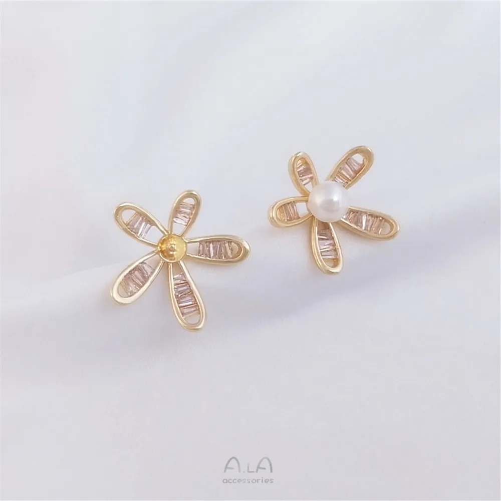 14K gold-encrusted Zirconium five-petal flower pearl empty support ear studs 925 silver needle diy handmade flower material 14k gold encrusted zirconium five petal flower pearl empty support ear studs 925 silver needle diy handmade flower material