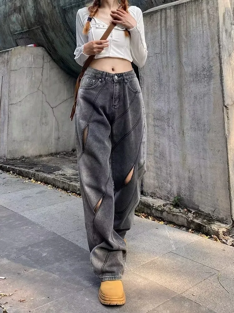 Spring And Summer Retro Niche Design Sense Cut Wide Leg Jeans, Men's Gradient Loose Fitting Straight Casual Pants Women's Jeans