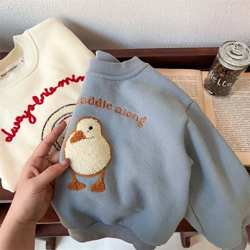 Newborn Baby Girl Boy Embroidery Velvet Hoodie Infant Toddler Child Long Sleeve Sweatshirt Casual Pullover Baby Clothes 9M-5Y