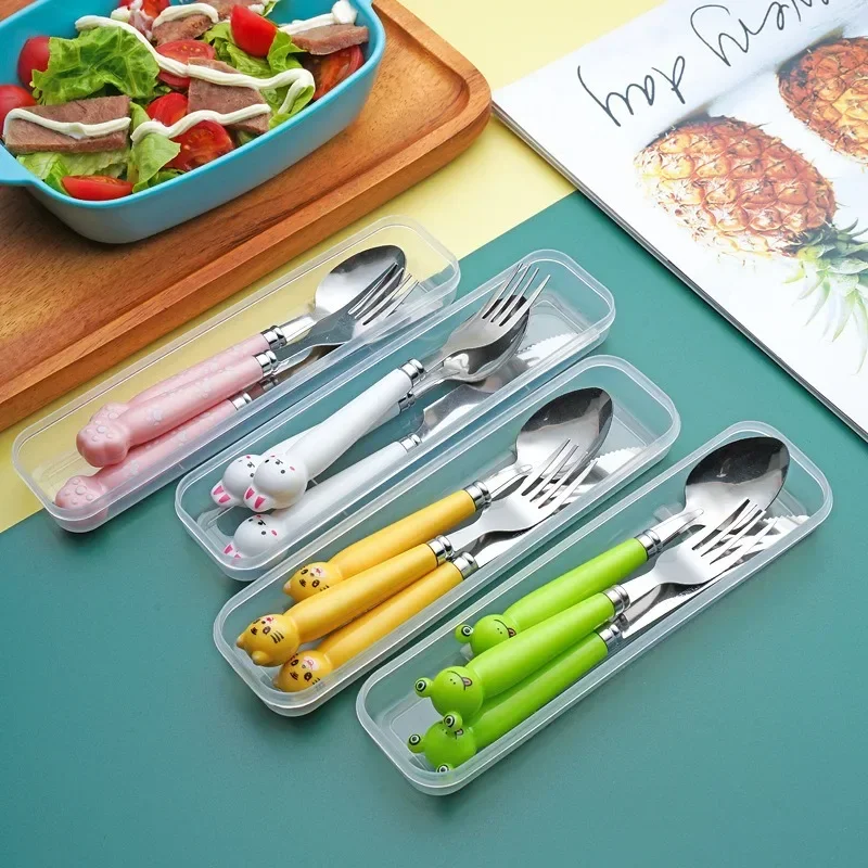 Creative Cartoon Stainless Steel Fork Spoon Chopsticks Three Piece Set Cute Student Spoon Chopsticks Portable Tableware Set