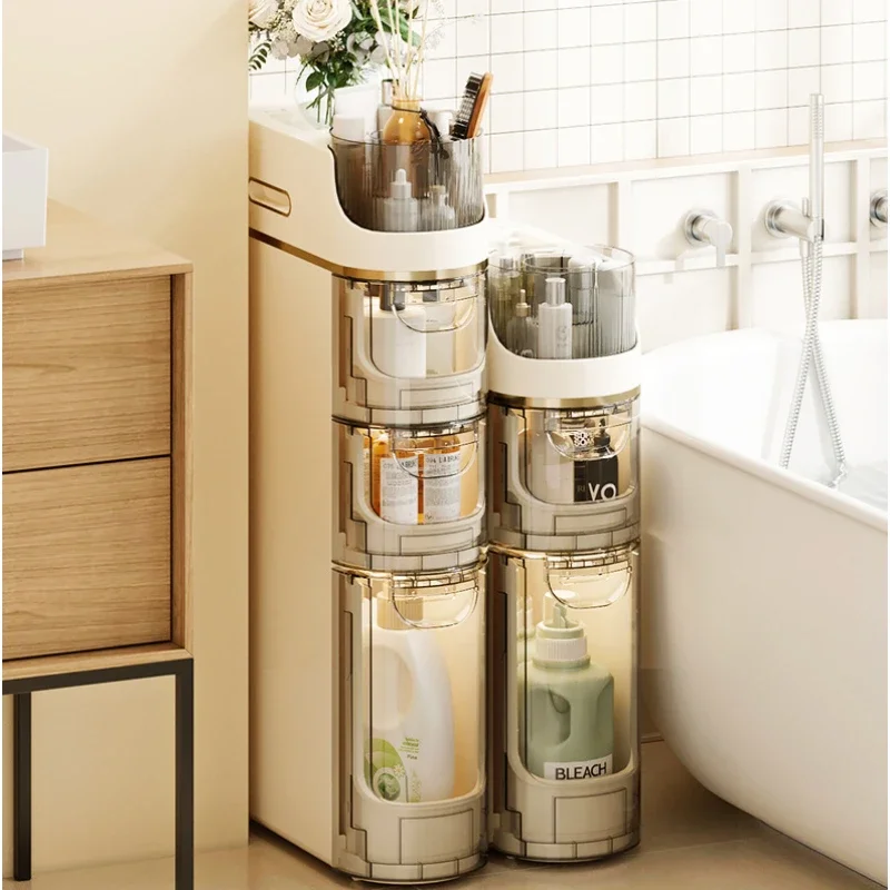 

Compact Narrow Seam Shower Holder Multi-Grid Transparent Toilet Side Storage Cabinet Mobile Makeup Organizer