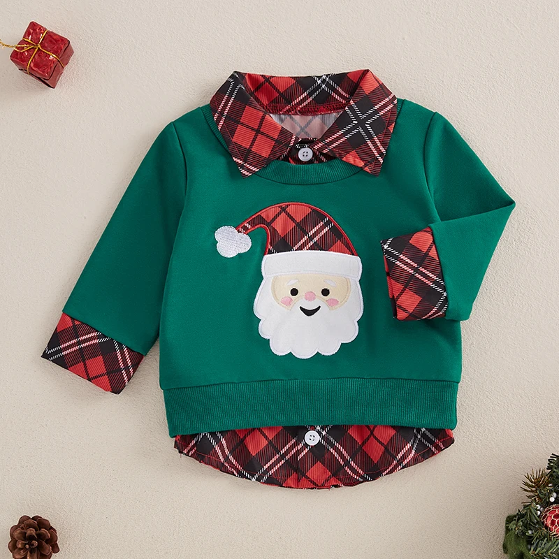 Kids Christmas Sweater Plaid Santa Reindeer Long Sleeve Lapel Neck Casual Two Fake Piece Pullover for Boys