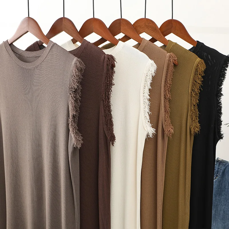2023 Latest Summer Tassel Raw Edge Knitted Round Neck Retro Lce Silk Curved Bead Dress Women\'s Sleeveless Chic Tank Top Skirt