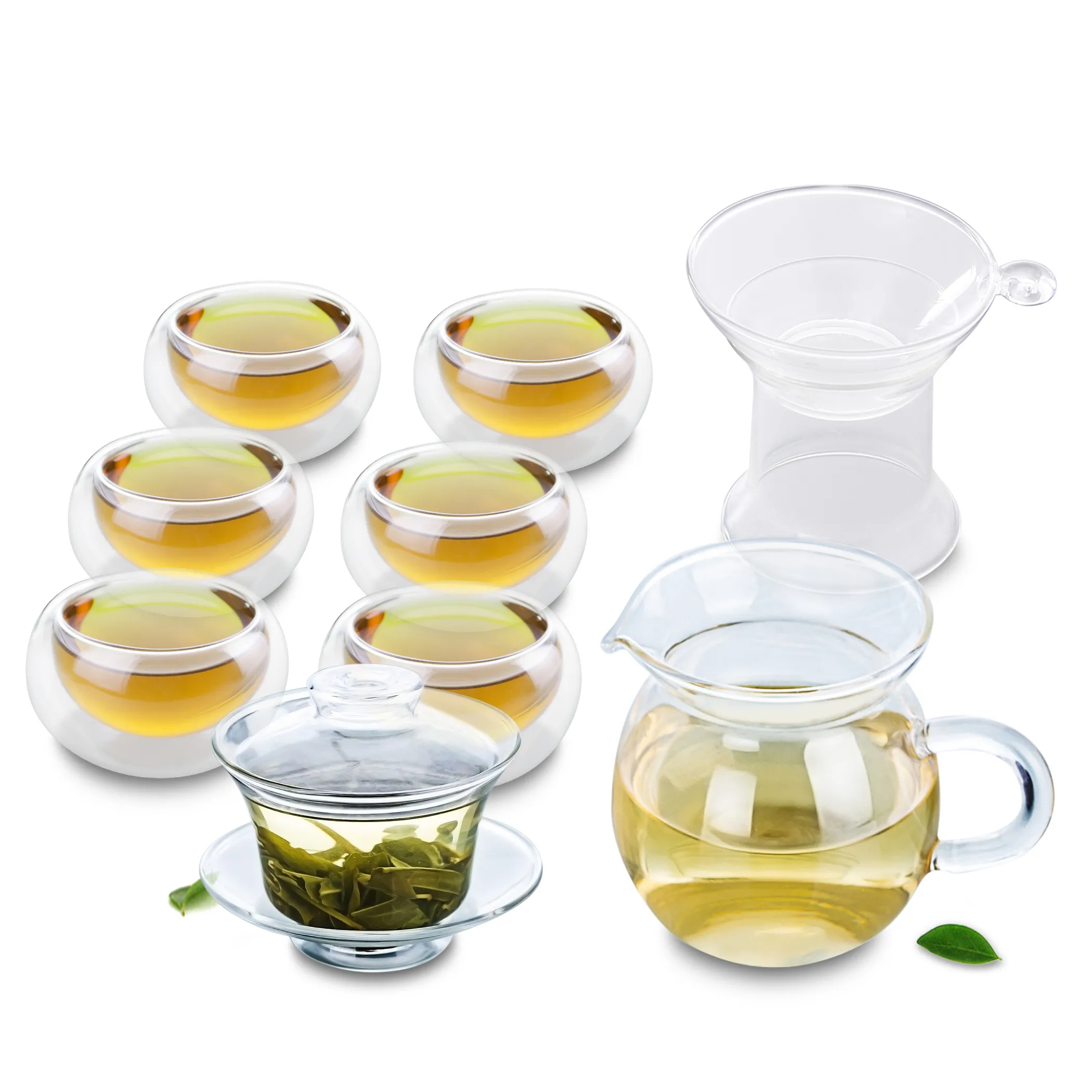1x 9in1 Kung fu Coffee Tea Set-150ml Heat-Resisting Glass Gaiwan Pot+Strainer+Tea Pitcher Chahai + 6 Double Wall Layer Cups