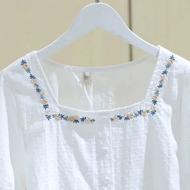 여성용 스퀘어 칼라 블라우스 셔츠, 반팔 2024, 루즈한 자수 탑, 여름