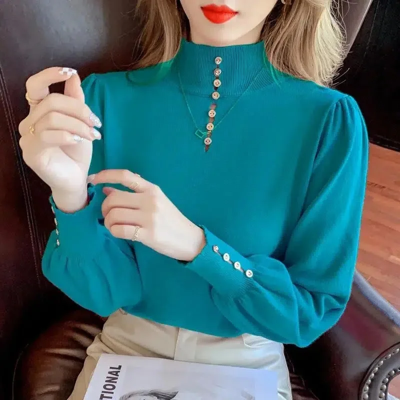 

Women Sweater And Pullover 2023 Autumn Winter Long Sleeve Top Female Half Turtleneck Knitting Sweater Ladies Puff Sleeves Top