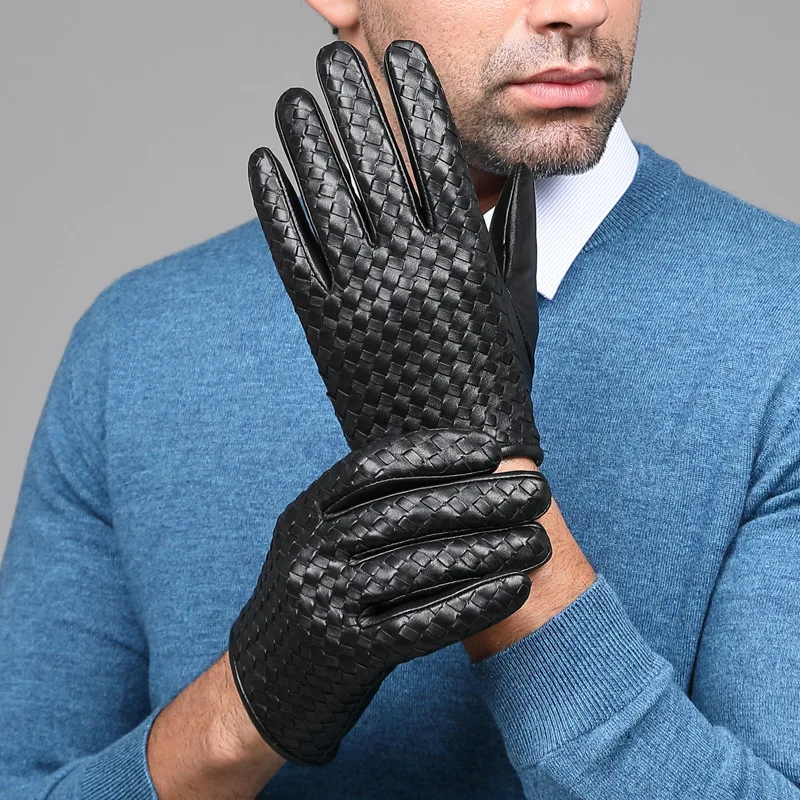 

Black Genuine Sheepskin Leather Gloves For Men, Touchscreen Texting Driving Motorcycle Gloves