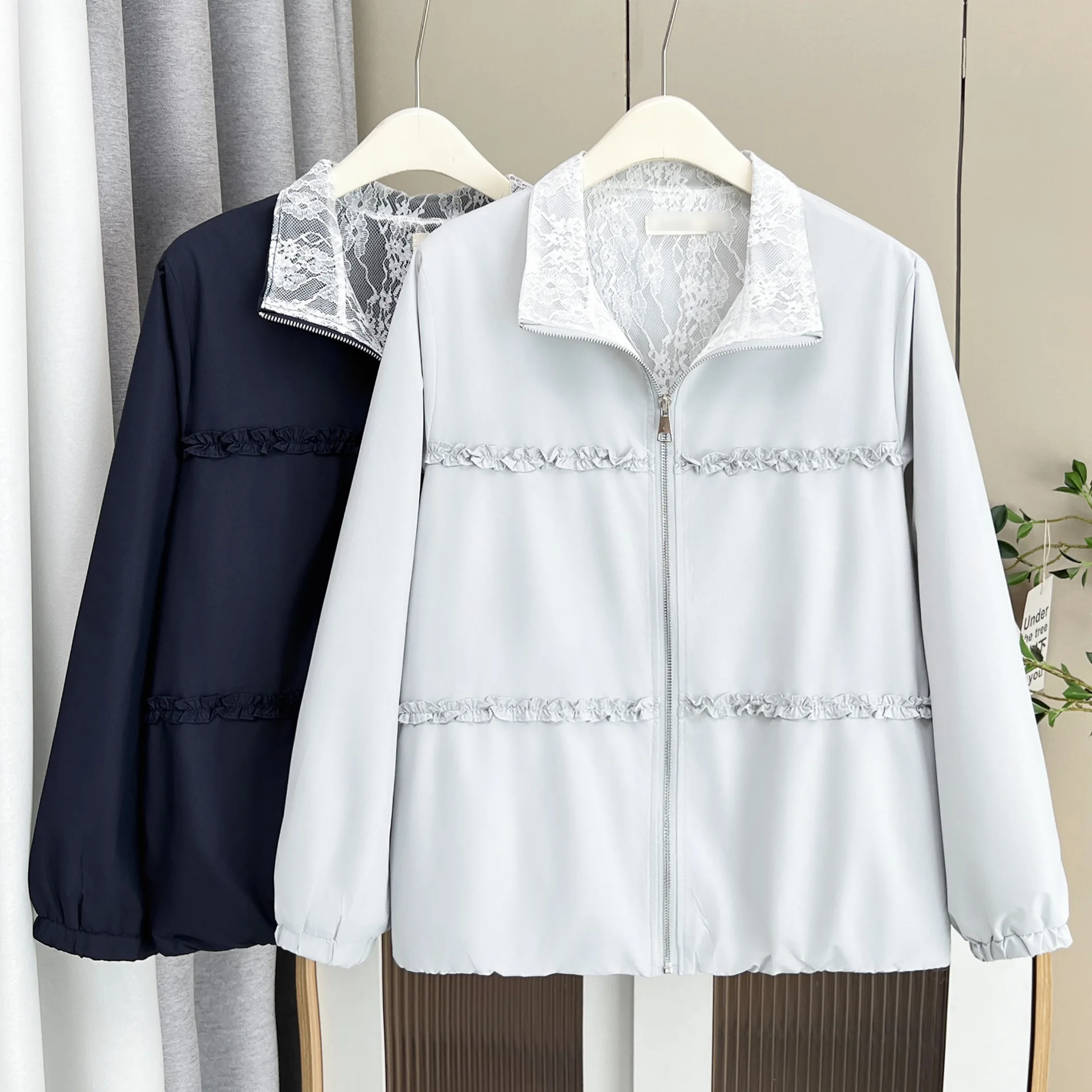 Plus Size Women's Jacket Autumn New Stylish Lace Lining Casual Zipper Coat 998