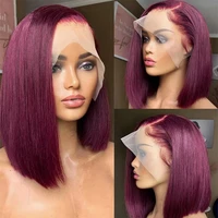 250% 13x6 Burgundy HD Transparent Short Bob Human Hair Wigs Color 99J Red Bone Straight Lace Front Wig For Women Pre Plucked 1