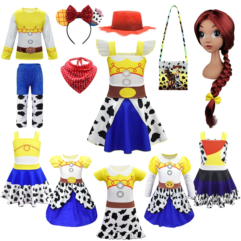 2024 Toy Story Girls Jessie Dress Up Halloween Bambini Woody Cosplay Costume Party Kids Masquerade Clothes Cappello Da Cowboy Sciarpa Rossa