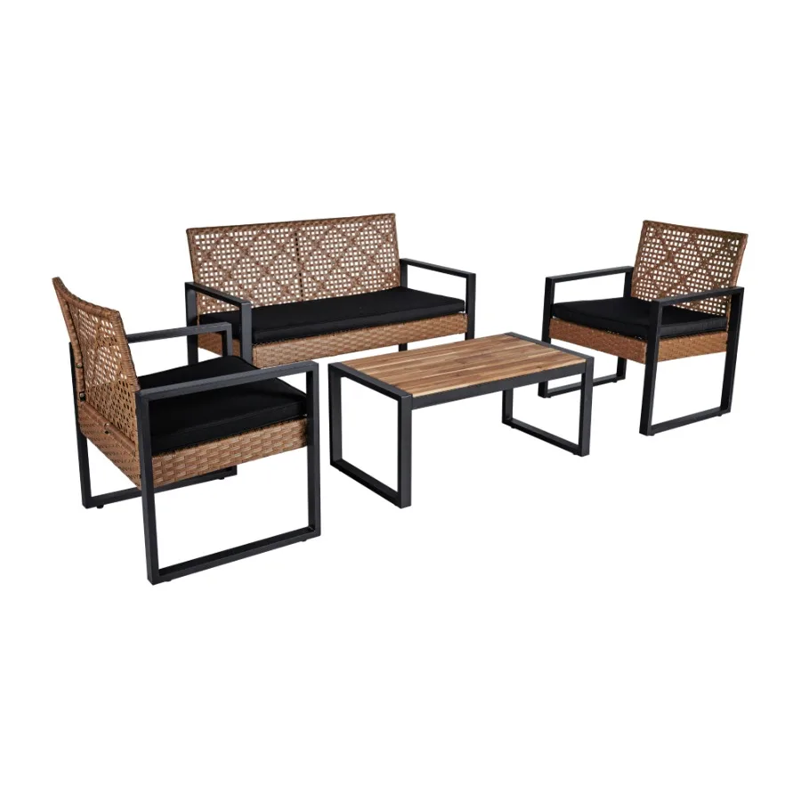 4Piece Patio Furniture Set Outdoor Balcony Porch Garden Backyard Lawn Furniture Acacia Wood Table Top Morden Black and Light Br