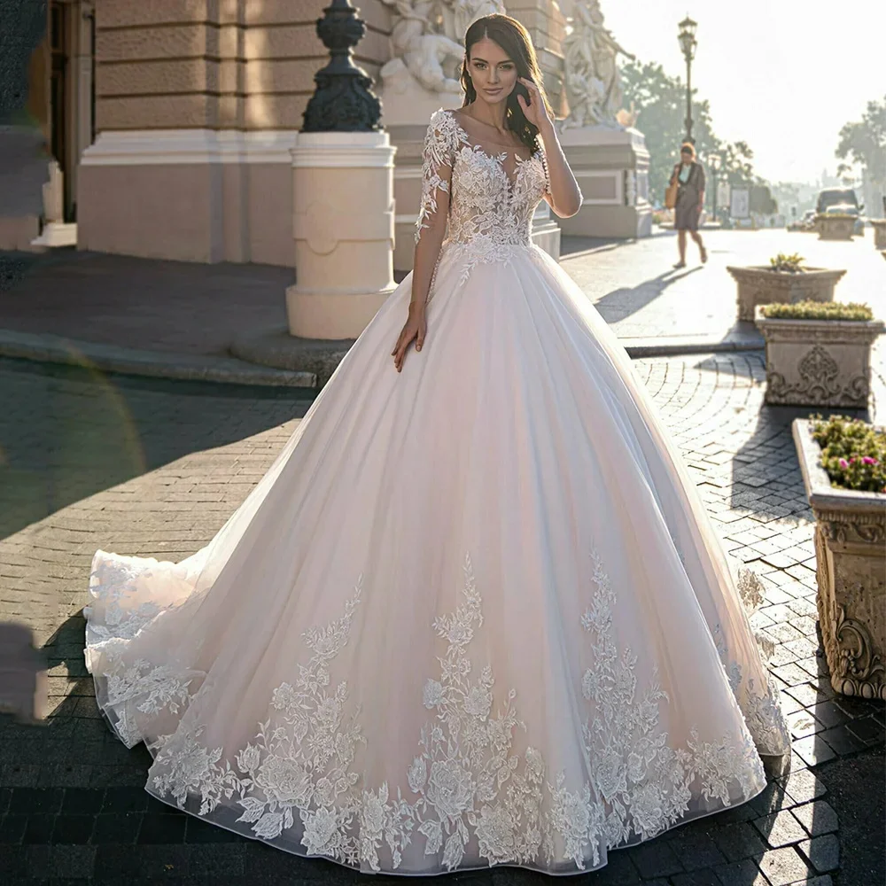

Elegant Ball Gown Vestidos De Novia Long Sleeves Scoop Neck Brush Train Wedding Dresses Appliques Vestido De Noiva