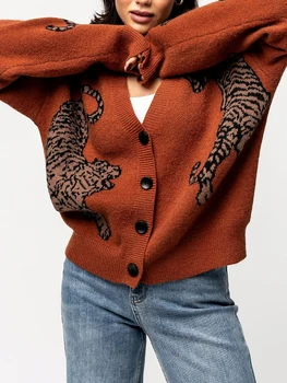 Women s Casual Lightweight Button Up Sweaters with Tiger Print Long Sleeves and Warm Knitwear for Fall Streetwear Fashion 1