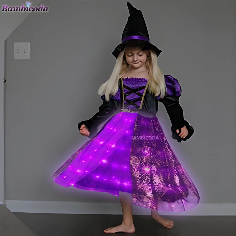 Sparkly Witch Halloween Costumes Girls Led Light up Purple Long Dress Kids Carnival Cosplay Outfit Broom Hat cosplay costume kids girls dress halloween dress outfit