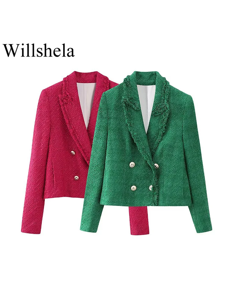 

Willshela Women Fashion Texture Solid Double Breasted Blazer Vintage Notched Neck Long Sleeves Female Chic Lady Outfits