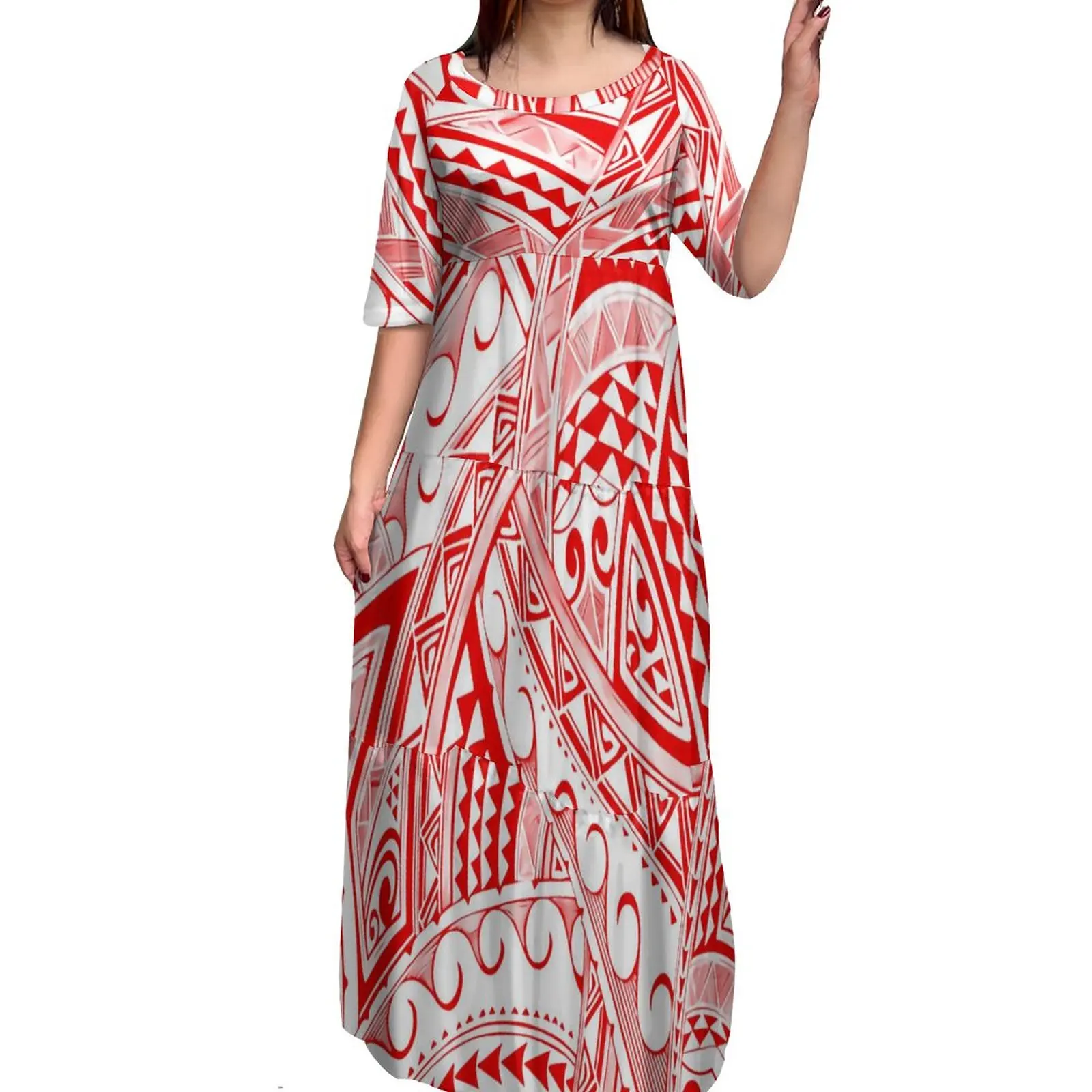 

Новейшее Многоярусное платье с изображением больших людей, платье с изображением Тихоокеанского острова и юбкой-годе, полинезийское индивидуальное красное платье с сублимационной печатью