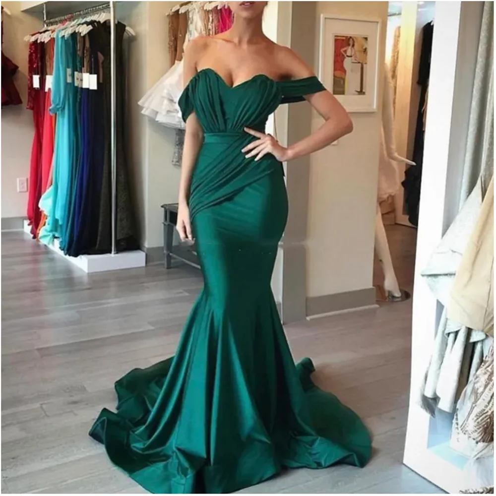 

Emerald Green Bridesmaid Dresses with Ruffles Mermaid Off Shoulder Cheap Wedding Gust Dress Evening Prom Gown Formal Party Robe