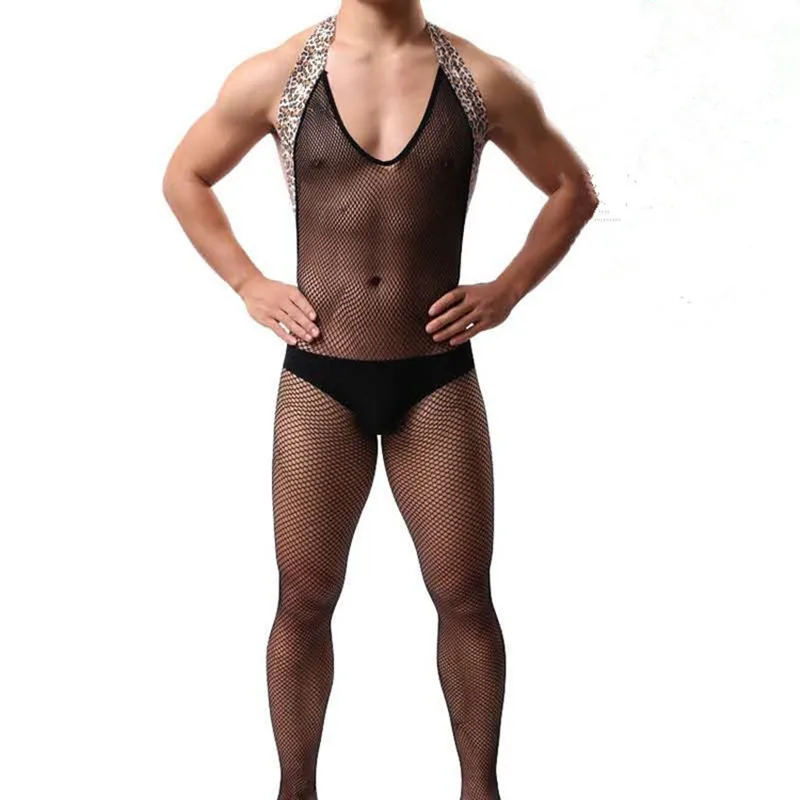 Men's one-piece hosiery Men's tights Leopard print ultra-thin high stretch hosiery men's front and back cutout crotch one-piece