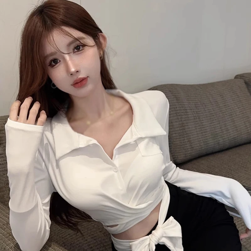 

Women's Top Korean Version Spring Autumn Solid Colour Turndown Collar Bandage Expose Navel Slim Sexy Long Sleeves Tops