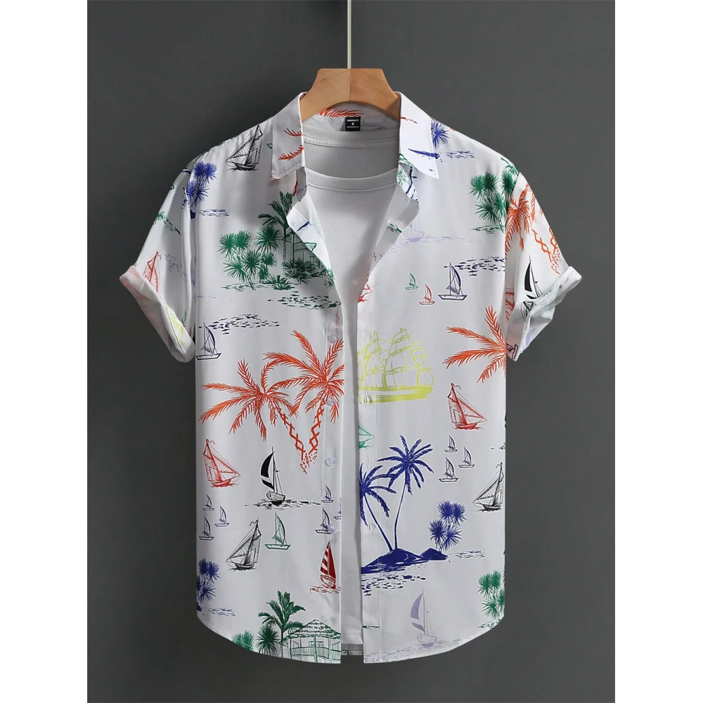 Hawaiian Coconut Tree Print Men's Shirt Summer Short Sleeve