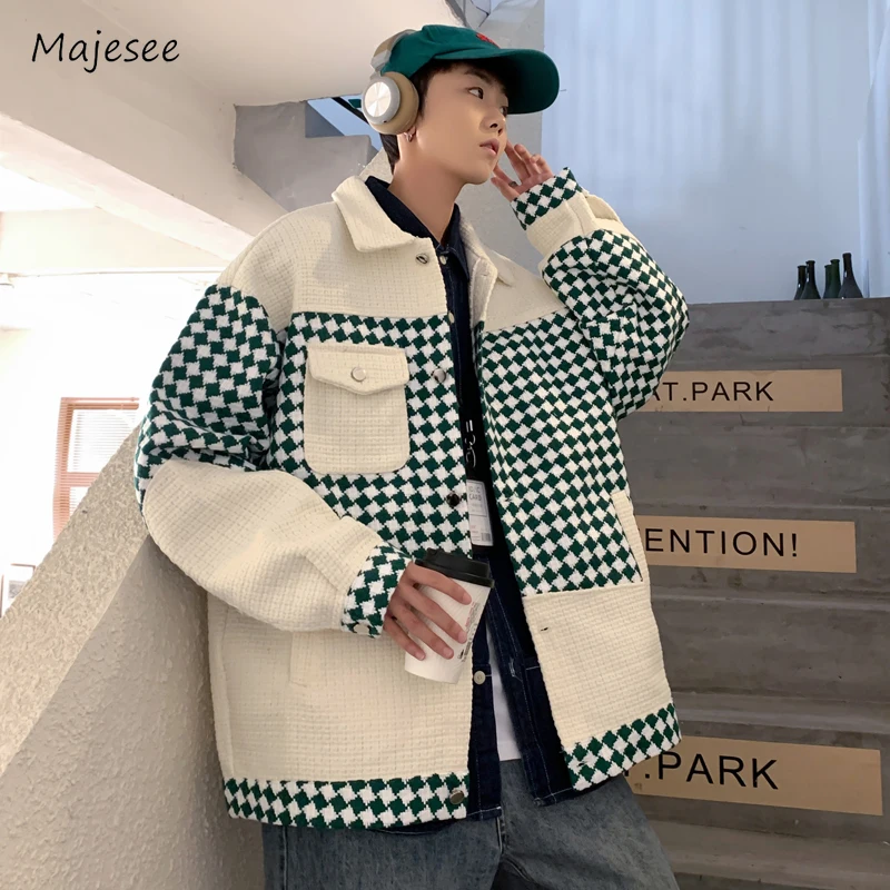 

Jackets Men Loose Daily Casual Couple Plaid Autumn Warm Pocket Streetwear Japanese Style Teenagers All-match Fashion Oversize
