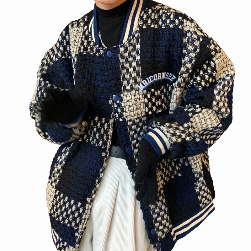 

Letter Embroidery Baseball Jackets Female Vintage Loose Plaid Jacket Coat For Women Autumn Winter Stand Collar Basic Coat Women