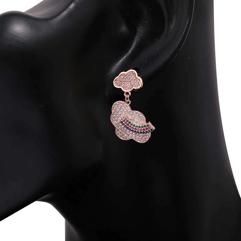 

Fancy Rose Gold Plated Cloud With Rainbow Copper Dangle Earrings Full Zircon Paved For Women Girls Lady Party Brass Jewelry