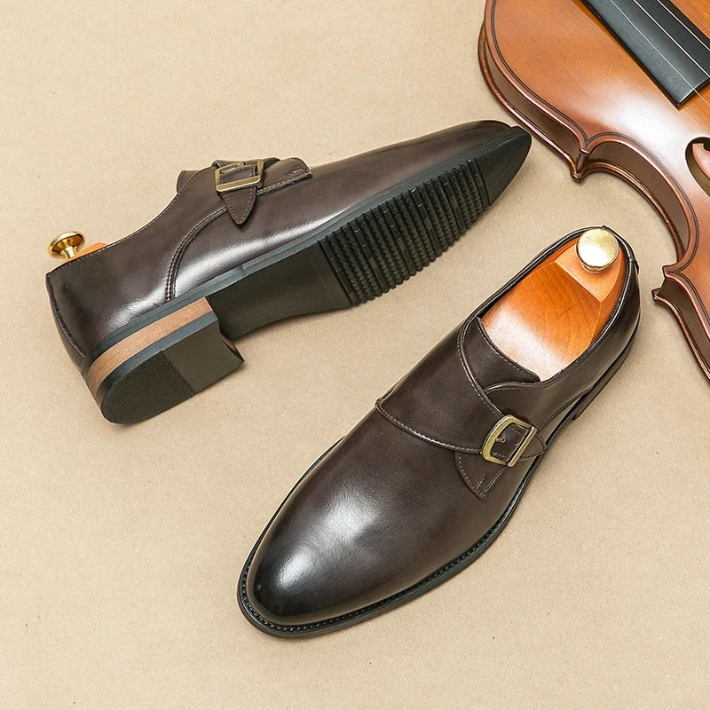 European Station Men  New Lefu Pointed Leather Shoes Side Buckle Casual Fashion Black Brown Sizes 38-46 Men  Shoes