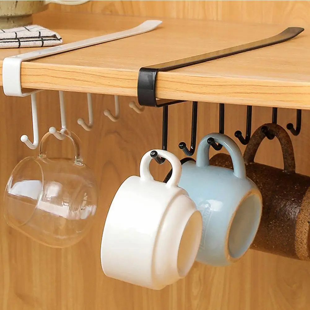 

New 6 Hook Coffee Cup Mug Holder Black White Hooks Kitchen Multifunction Shelf Organizer Sundries Cabinet Storage Hanger H0h6