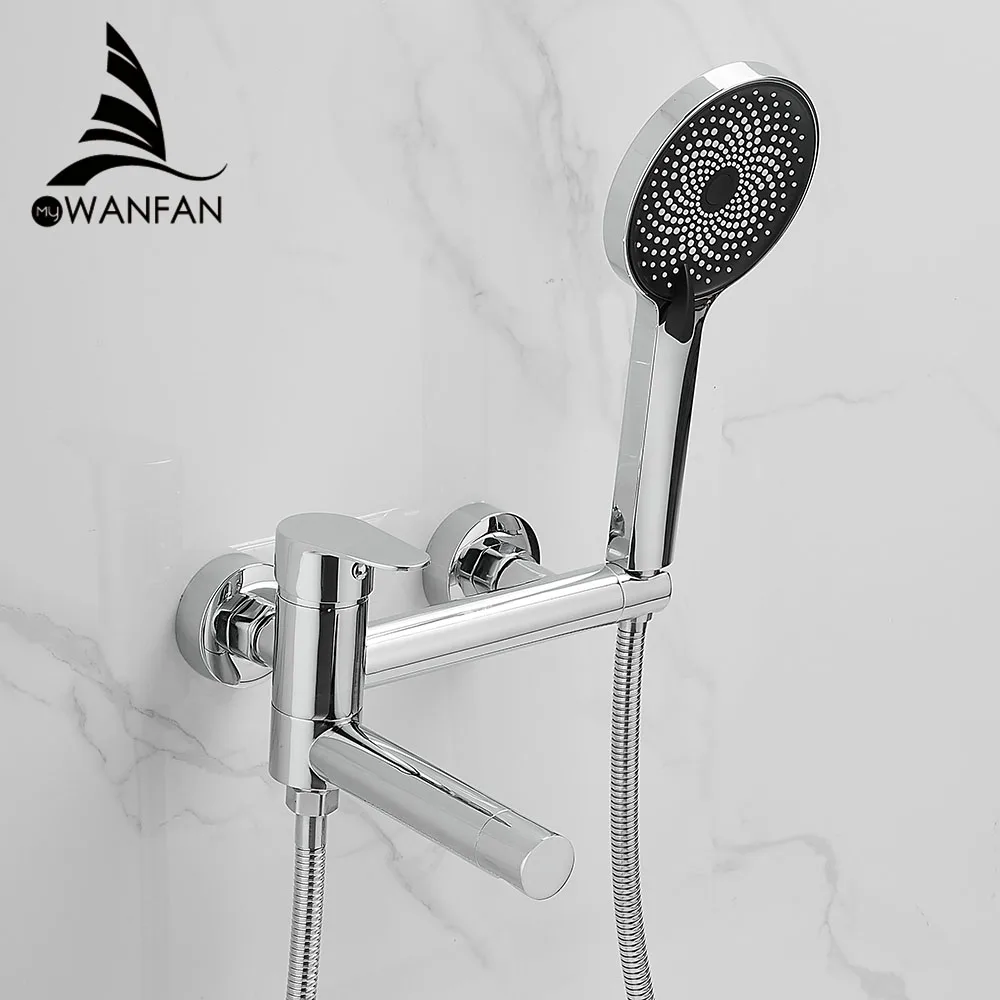 

Bathtub Faucets Modern Silver Bath Shower Set Unique Design of Rotating nozzle Mixer Tap Wall Mounted For Bathroom WF-8778909