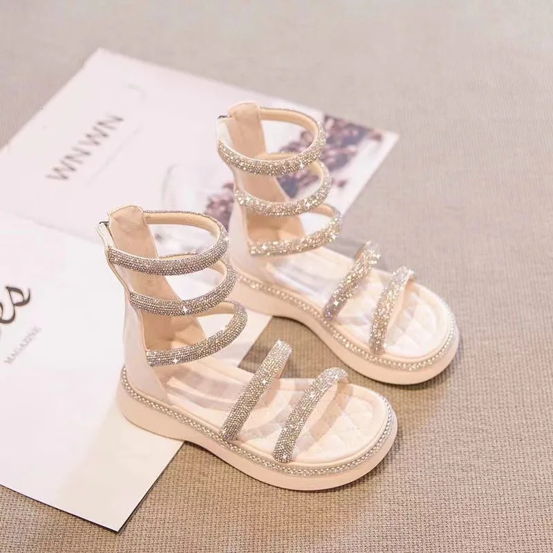 Summer Girls Rhinestone Open Toe PU Princess Sandals High Profile