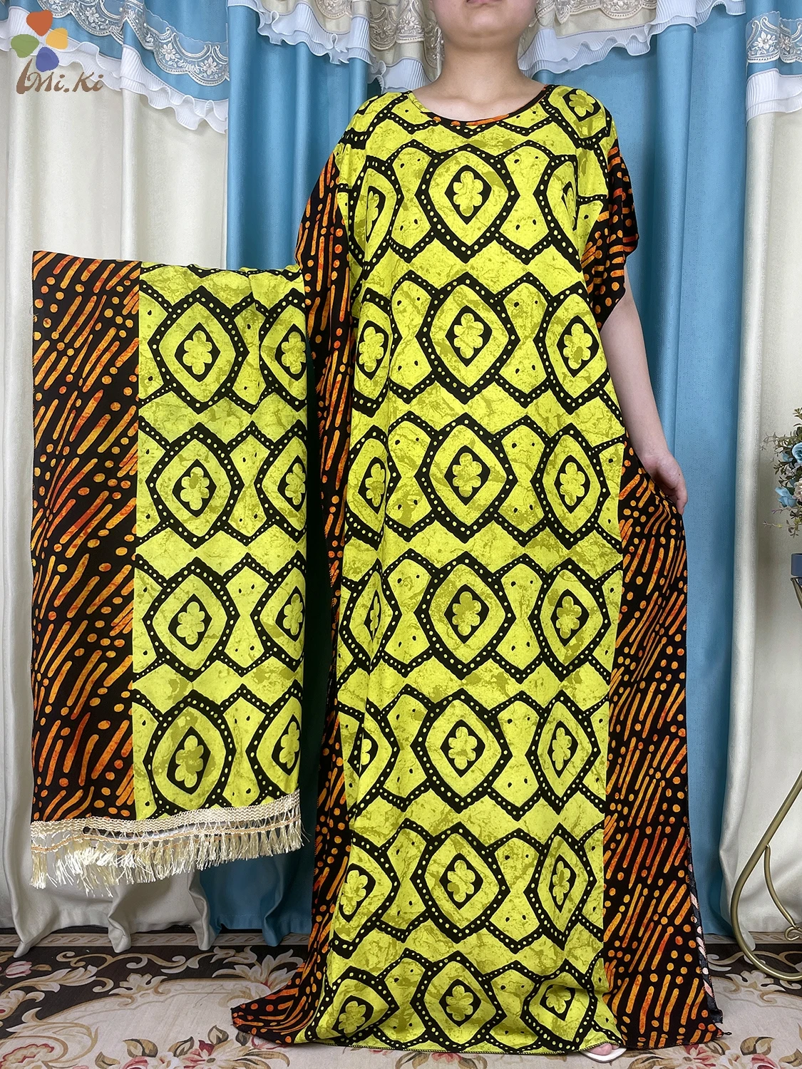 2024 Muslim Short Sleeve Dress African Women Dress Cotton Loose Fit Dress with Tassel Scarf Dubai Maxi Dress Islamic Clothing