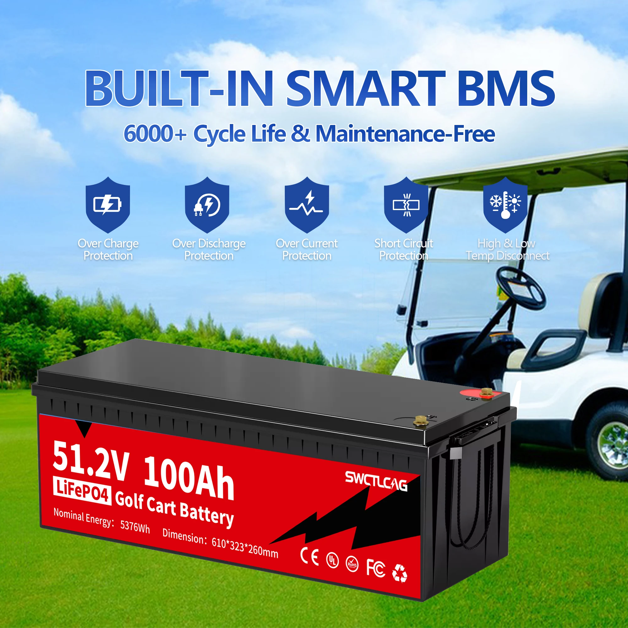 LiTime 48V 100Ah LiFePO4 Lithium Battery 200A BMS Born For 5Kw Golf Cart Marine Energy Storage Capability