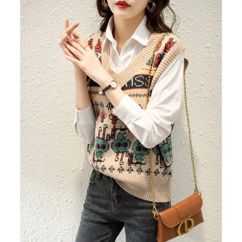 Autumn Winter New Fashion Printing High Street Sleeveless Sweater Vest Women High Street Casual Loose Embroidered Chic Pullover