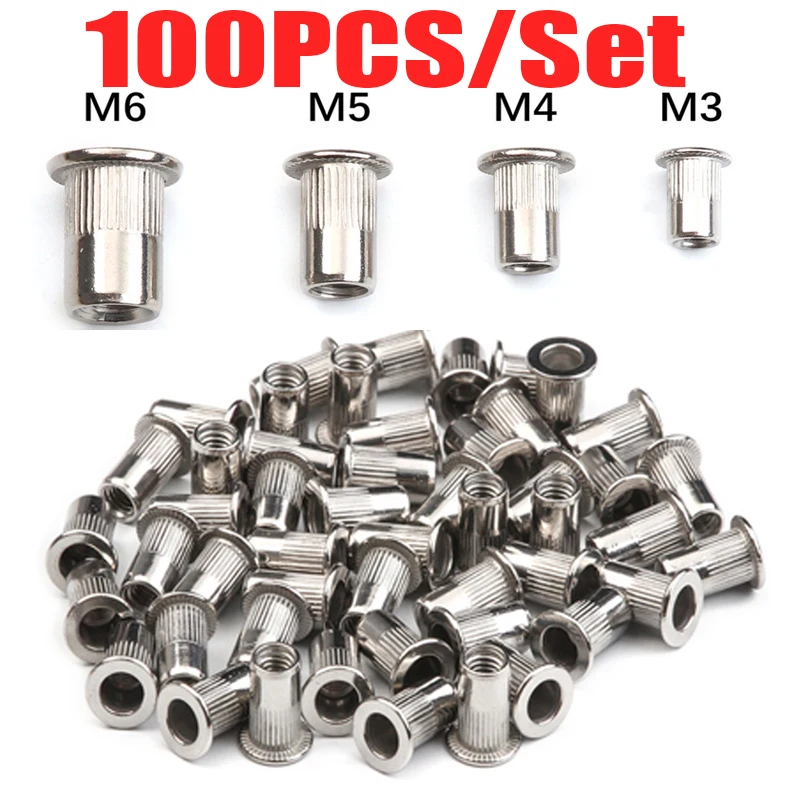 100PCS Stainless Steel Threaded Rivets Nut Flat Head Rivet Nuts Set Insert Reveting M3 M4 M5 M6 rivet nuts set