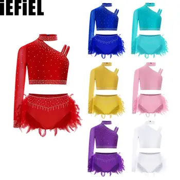 Abiti da ballo per ragazze per bambini Costume da spettacolo Top con strass scintillanti Top corto con spalle irregolari uniche con slip in piume