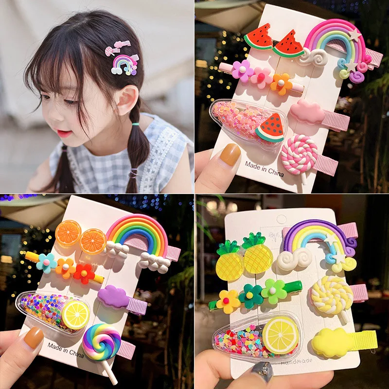 Fashion Hair Clips Hairpin Candy-colored Kid's Hair Accessories Colorful  Hair Barrette Metal Cute Snap Hair Clips Flower and Fruit, Rainbow Hairpin