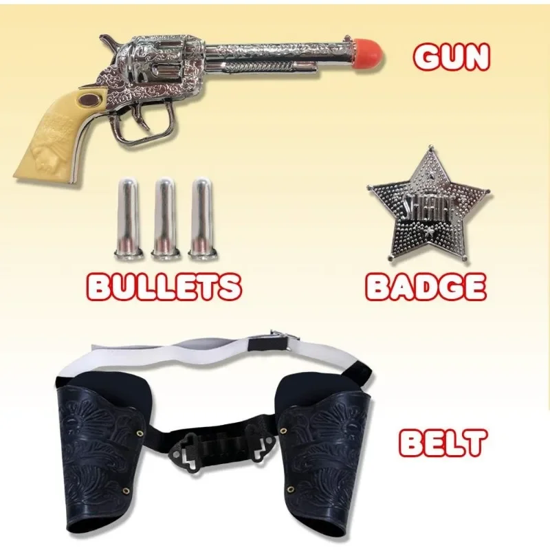Kids Cosplay Costume Cowboy Toy Set Pistols Sheriff Badge Gun Holsters and Adjustable Belt Old Western Sheriff Cosplay Costume 9 Piece Set for Kids