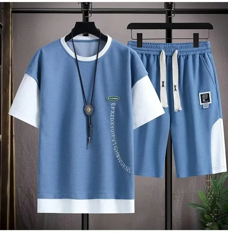 طقم تي شيرت رجالي بأكمام قصيرة صيفي رقيق وافل رياض...