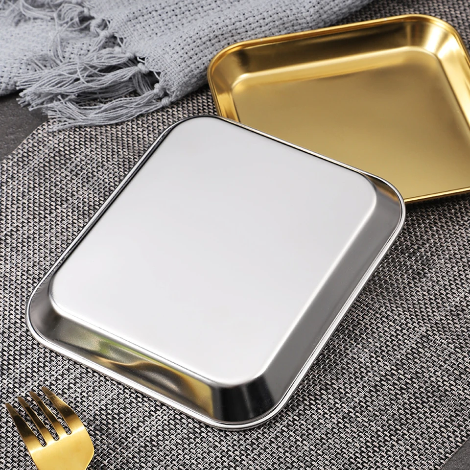 304 Stainless Steel Square Plate Golden Thick Skewers Dish Plate Restaurant Commercial Flat-bottom Korean Barbecue Tableware dining dish