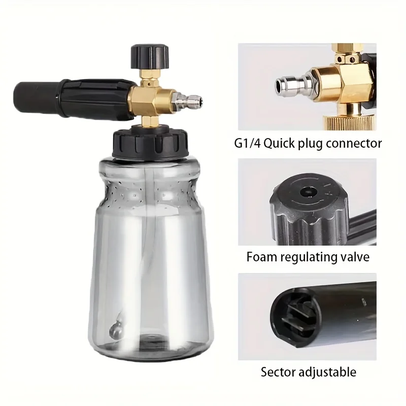 고압 세척기용 알루미늄 폼 캐논, 1/4인치 퀵 커넥트 1L 대형 입구 포트(중력 볼 포함), 각도 조절 가능