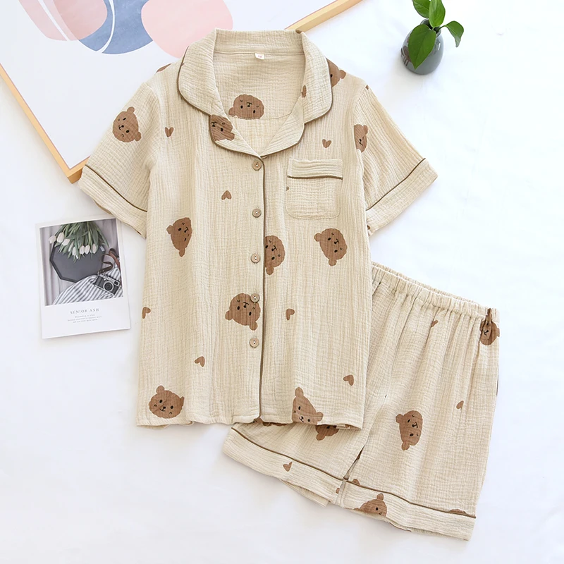 Summer Couple Pure Cotton Bear Love Cute Pajamas Set Sleepwear Female Short-Sleeved Pijama Suit Loungewear Crepe Ladies Pyjama, women pajamas set,women pajama suit,cotton pajamas set