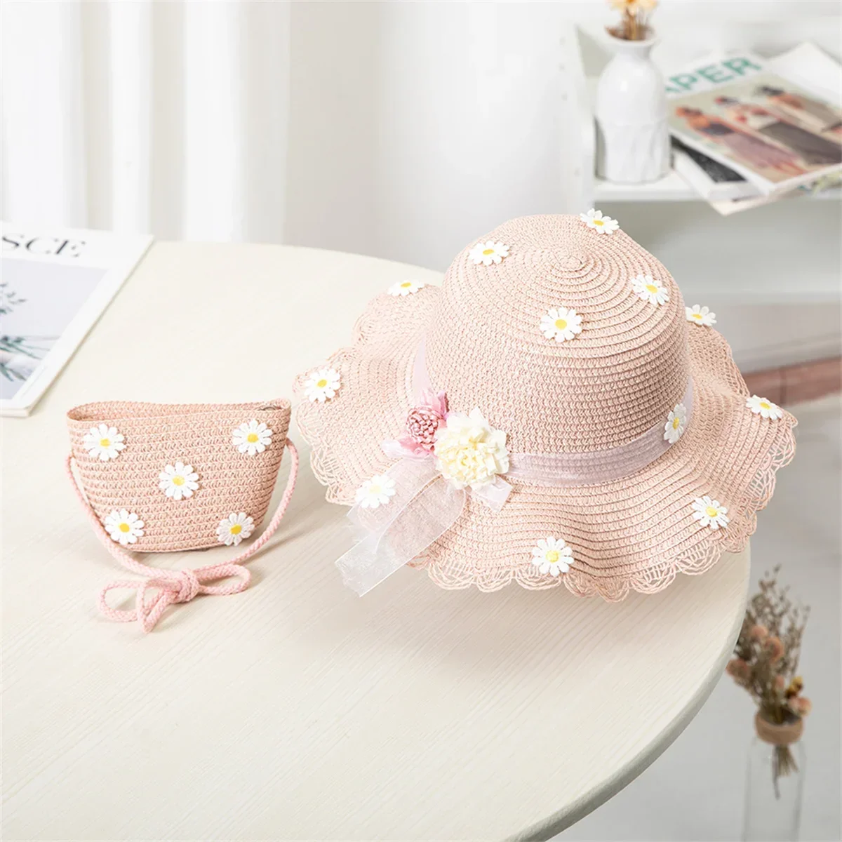 Girls Straw Hat Summer Children Sun Hat Flower Holiday Beach Cap With Kids Bag Street Outdoor Wide Cap Shoulder Bag HandBags