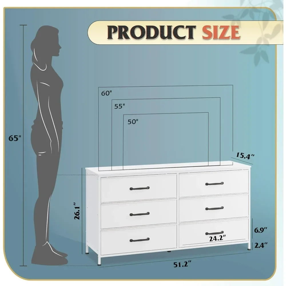 Wide Fabric Dresser, 6 Drawer TV Stand for 60" TV, Dressers Bedroom Furniture Large Storage Tower Unit with Fabric Bins 4