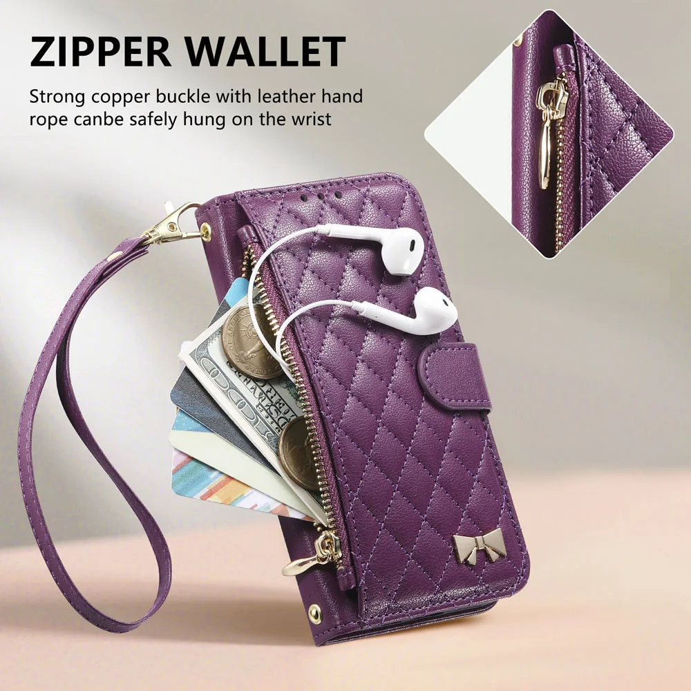 Luxury Leather Flip Case with Zip Wallet and Lanyard Wrist Strap