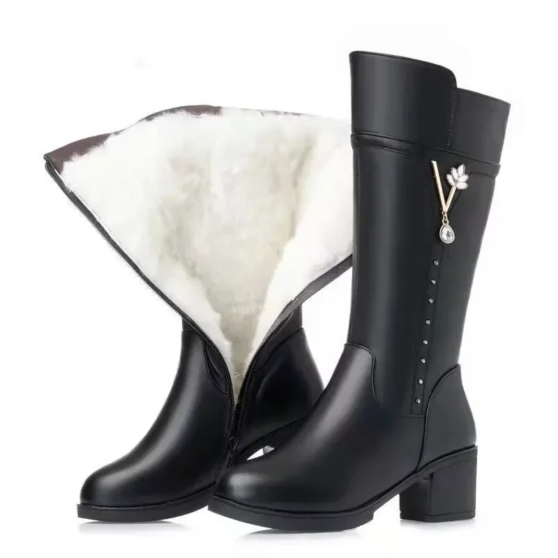 Women's Knee-High Boots Winter Short Plush Platform Round Toe Square Heel