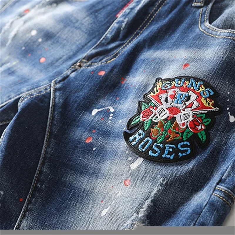 EH·MD® Men's Embroidered Rose Micro Chapter Jeans Shorts Cropped Pants Cotton Red Ears Breathable Soft Elastic Summer Ink Splash