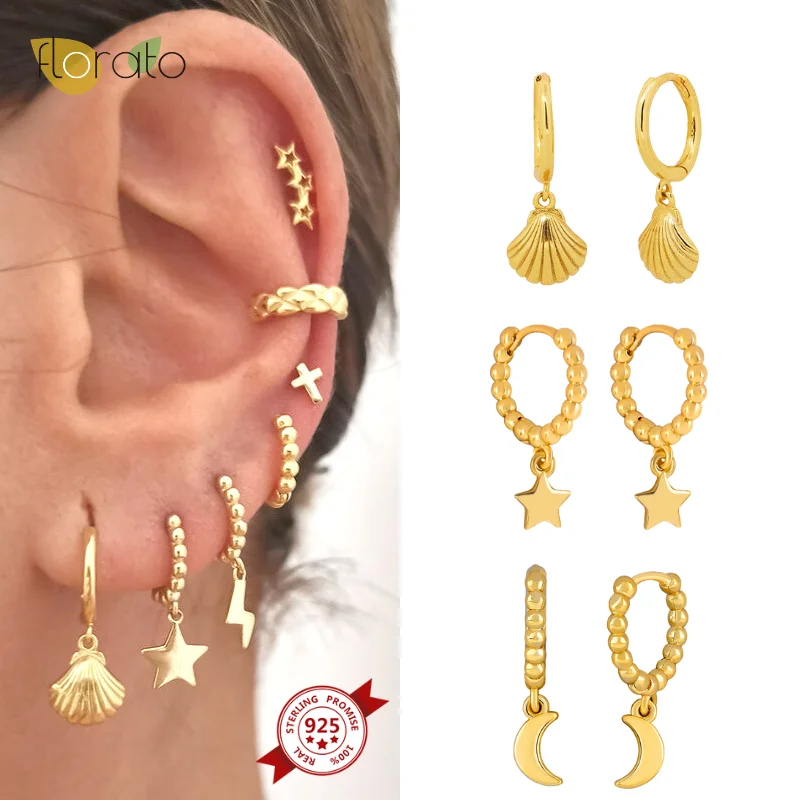 

925 Sterling Silver Needle Fashion Hoop Earrings Simple Shell/Star/Moon Drop Earring for Women Party Fine Jewerly Pendientes