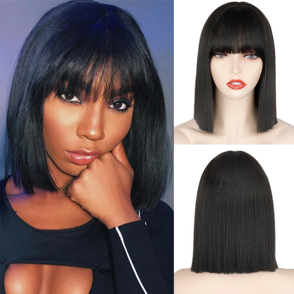 Short Bangs Synthetic Wig Ladies Bangs Synthetic Bob Wig Black Pink Red Wig Casual Party Use Shoulder Length